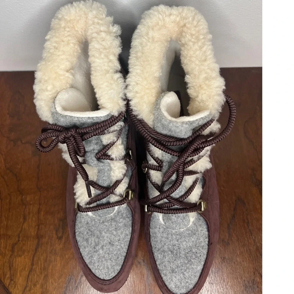 SOREL Sneakchic Alpine Suede Wool Lace Up Fur Lined Ankle Boot Burgundy Womens 8
